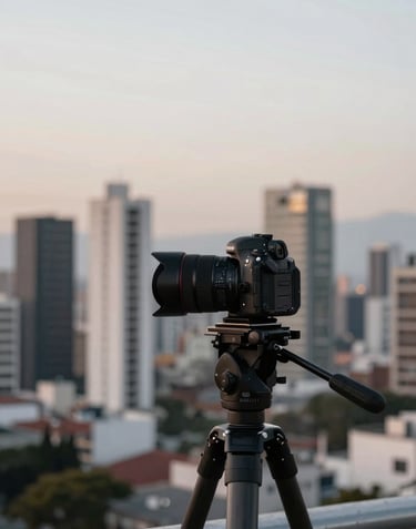 A professional camera setup on a tripod overlooking a modern Latin American / Hispanic city skyline during twilight, with soft off-white and slate blue-grey lighting.