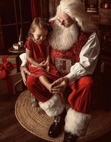 A vintage Santa Claus in a red suit sitting with a young girl in a velvet dress for Christmas photos.