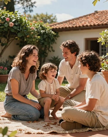 Candid photography of a family laughing together in a sunlit garden, cinematic quality, vibrant terracotta and sand tones, European / Portuguese lifestyle.