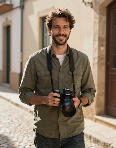 A professional portrait of a lifestyle photographer with a friendly expression, standing on a traditional Portuguese street with soft sand-colored stone walls. He is holding a modern camera. Cinematic lighting, warm sunny atmosphere, and a professional yet approachable mood.