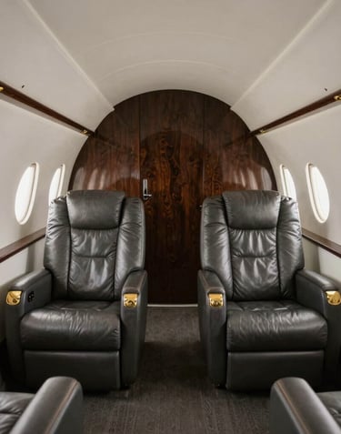 A professional and minimal interior of a private jet cabin, featuring charcoal leather seating and antique gold finishes. European / British luxury travel context.