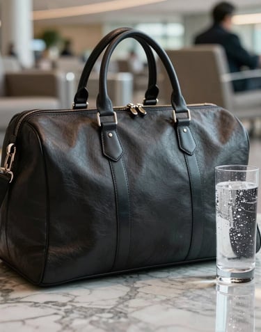 A high-end leather weekender bag resting on a marble floor next to a tall glass of sparkling water in a luxury airport lounge. Refined and quiet atmosphere.