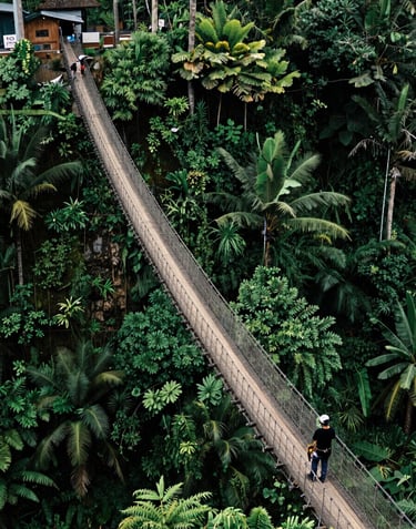 The impressive suspension bridge in Sukabumi, stretching over a deep forest green valley with lush tropical vegetation, adventure seekers in Southeast Asian / Indonesian attire crossing the bridge.