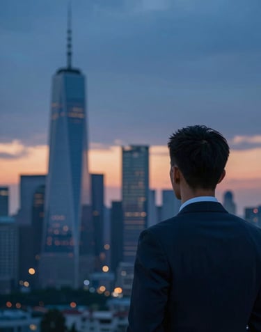 A male traveler in professional attire viewed from the back, looking out over a modern city skyline at sunset, incorporating the deep blue #1E2B38.