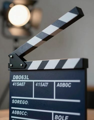 A dramatic close-up of a clapperboard in focus with blurred studio lights in the background. High-fidelity film mood. Incorporating #1B263B, #415A77, #A0B0C0, #E0E1DD.