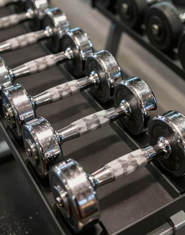 A minimalist, artistic photograph of professional steel dumbbells and chrome weights arranged neatly on a dark rack in a high-end North American / US fitness boutique. The focus is sharp, emphasizing premium quality and discipline.