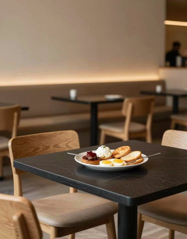 A cozy, Scandinavian-style restaurant in a high-end Dubai district. Minimalist wooden furniture and warm beige lighting with a plate of gourmet breakfast food on a deep black table. Middle Eastern / Gulf.