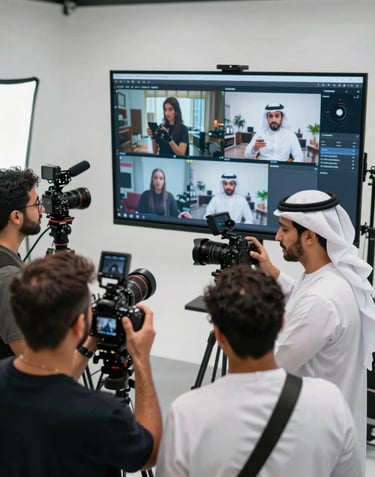 Behind-the-scenes photography of an agency team in a high-tech Dubai studio planning social media content. They are reviewing professional camera footage on large screens. Middle Eastern / Gulf.