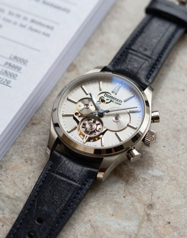 Close-up of a luxury mechanical watch and a stack of financial documents on a stone-colored marble surface in soft lighting.