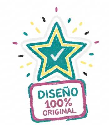 Garabato de una estrella turquesa con una marca de verificación y el texto Diseño 100% Original para
