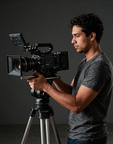 A professional South American Brazilian male filmmaker holding a high-end cinema camera, standing in a dark, minimalist studio. Dramatic side lighting, creating strong shadows and highlights, conveying technical expertise and an artistic eye.
