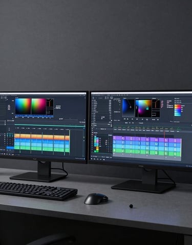 Atmospheric shot of a high-end video editing suite with dual monitors showing color grading software, glowing in a dark gray room, minimalist professional aesthetic.