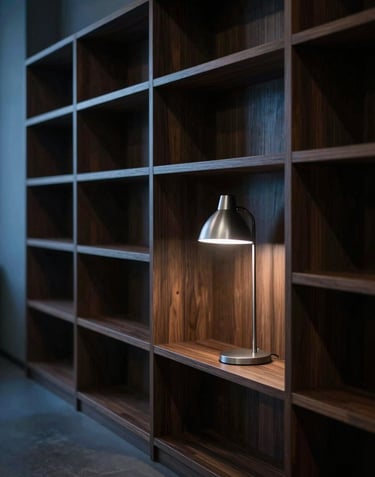 Interior of a modern, minimalist library with dark oak shelves and a single silver reading lamp. Moody lighting, deep blue shadows, and a sense of quiet power and discipline.