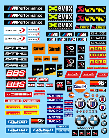 Planche de décalcomanies "BBS-AKRAPOVIC-M PERFORMANCE-AMG-MARTINI RACING-BMW-GULF"