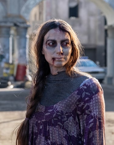 Actress in zombie clothing and make up looking off camera to the right