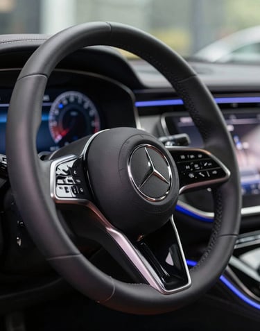 Close-up view of a luxury car interior, focusing on the leather steering wheel and digital dashboard with blue ambient lighting, high-end feel.