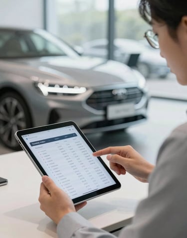 A professional consultant using a tablet in a modern office, showing car specifications and prices to a client, blurred luxury car in the background.