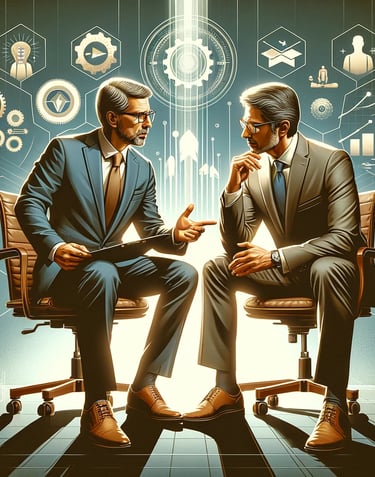 A bcoach and businessman sitting in a session