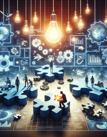 Solving multiple problems as puzzle pieces with idea bulbs above