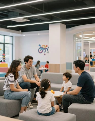 Parents watching their children play happily from a modern, comfortable lounge area within a bright, clean indoor amusement park, Southeast European / Bulgarian context.