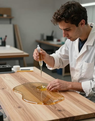 A professional artist in an International / Global studio, seen from the side, meticulously pouring liquid resin onto a large wooden board, wearing clean work attire.