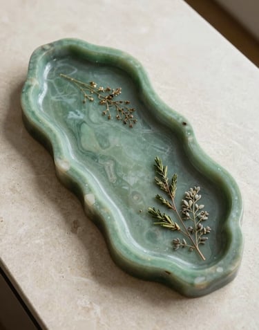 Top-down view of a Sage Green resin serving tray with organic edges and embedded botanical elements, resting on an Almond White stone surface in a International / Global kitchen.