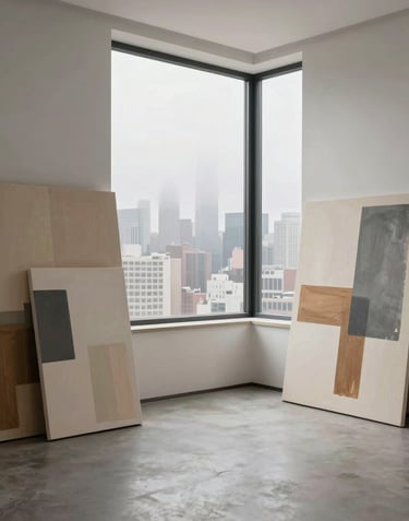 A cinematic wide shot of a creative workspace with a large window overlooking a misty city skyline. Large abstract canvases lean against the walls in soft tan and warm grey tones. High-end, clean, and sophisticated International / Western interior.