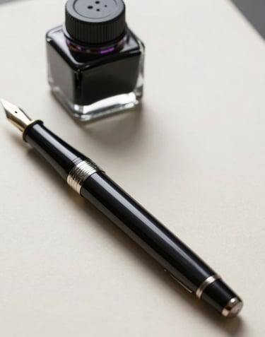Still life photography of a professional fountain pen and a glass inkwell on an off-white paper, soft shadows, sophisticated and curated aesthetic.