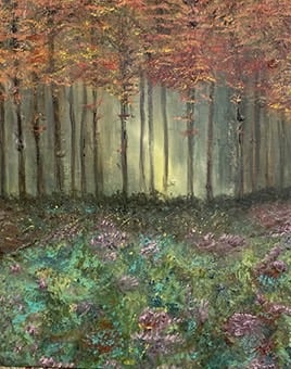 a painting of a forest scene with a path leading to a path