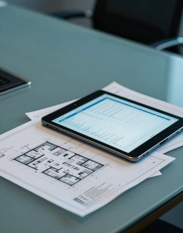 A close-up photograph of a professional meeting table in a South American / Brazilian office, with technical blueprints and a tablet showing real estate data, lit with Slate Teal and Deep Midnight Blue office lighting.