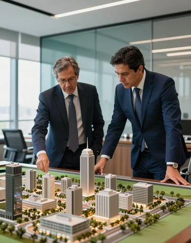 A professional wide photograph of two South American / Brazilian executives in a modern boardroom looking over an architectural model of a large city area, sophisticated atmosphere, Deep Midnight Blue and Slate Teal palette.