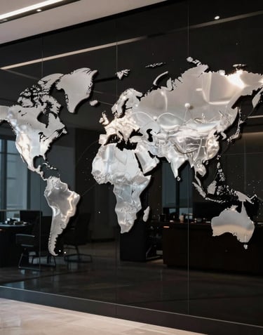A luxury office interior focusing on a large, illuminated silver world map on a black glass wall, symbolizing global reach and trade connectivity. Global / International.