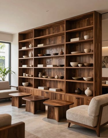 Wide shot of a minimalist, high-end commercial lounge in Rio de Janeiro, showcasing a large custom-built wall unit in dark brown wood. The space is inviting and contemporary with South American flair.