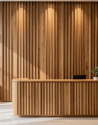 A stunning, completed commercial project: a luxury reception area with a feature wall of vertical light brown wood slats. Modern lighting casts soft shadows, creating a sophisticated Brazilian atmosphere.
