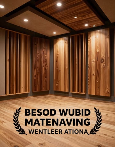 Interior view of a professional soundproofed recording booth, warm deep espresso wood panels, soft glowing lights.