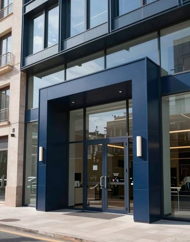 A professional portrait of a modern business building entrance with sleek navy blue and glass finishes. The setting is a clean, upscale commercial district in the Iberian Peninsula during bright daylight.