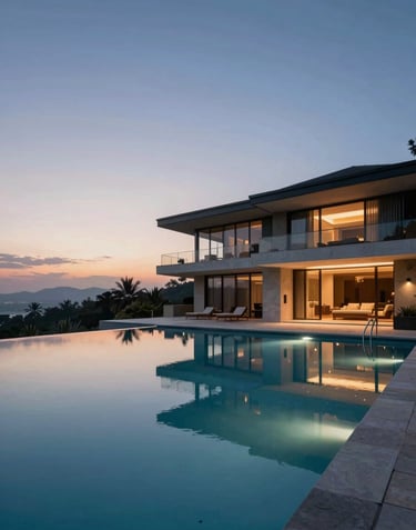 A sprawling infinity pool at dusk, reflecting the silhouette of a modern luxury estate. The lighting is low and sophisticated, emphasizing the exclusive and private atmosphere of the property.