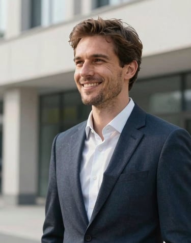 A confident Central European businessman in smart-casual business attire looking ahead with a warm, professional smile, outdoor modern architecture backdrop, soft bright lighting, inspiring trust.
