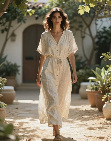 Candid shot of a woman in a light linen dress walking through a Mediterranean garden, soft sunbeams filtering through leaves, warm sand tones.