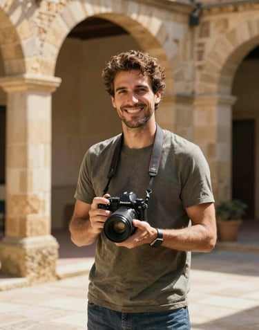 A natural portrait of a photographer smiling, holding a camera, standing in a sunlit Iberian courtyard with warm-toned stone walls. The lighting is bright and inviting, reflecting an authentic and professional lifestyle aesthetic.