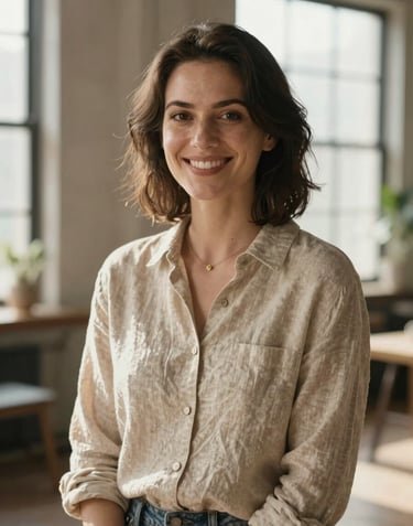A professional portrait of a friendly female photographer in a sun-lit North American / US loft studio. She is wearing a soft sand linen shirt and smiling warmly. The composition is cinematic with a shallow depth of field, using natural window light.