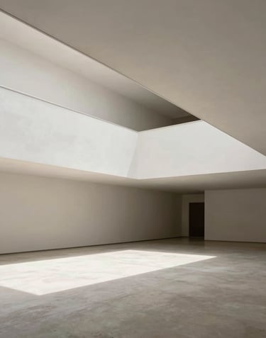 Clean, wide-angle shot of an architectural project in Brazil, focusing on the relationship between light and space. Neutral palette of soft off-white and light grey.