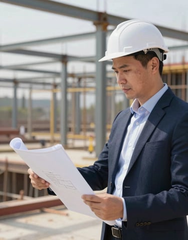 Builder and architect in professional attire reviewing blueprints on a structured construction site with steel framing in the background. Professional and trust-building.