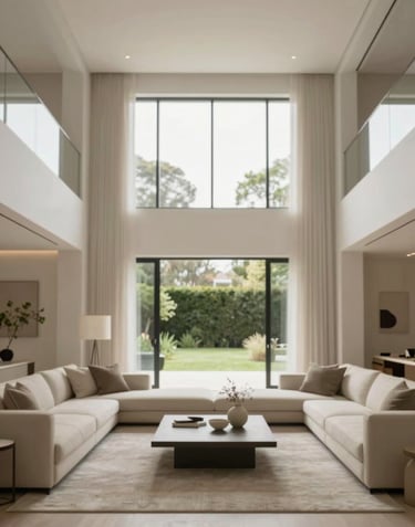 Interior of a spacious, high-ceilinged living room in a luxury NSW home. Minimalist decor with neutral tones of #F5F2ED and #C8B8A3. Large windows looking out to a garden.