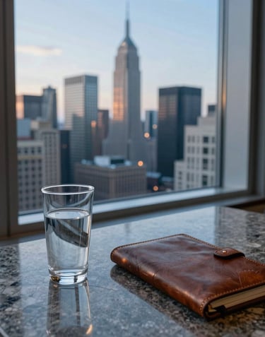 A view from a high-floor corner office in a major North American financial center. A glass of water and a leather-bound notebook sit on a polished stone table. The city below is sharp and clear, bathed in the blue light of early evening.