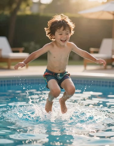 Candid horizontal shot of a child jumping into a pool. Warm sun-drenched environment, cinematic water splashes, joyful storytelling.