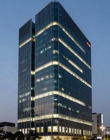 A professional architectural photograph of the Pasilainovation office in Surabaya, Indonesia, at dusk. The building is illuminated with deep teal and cloud white lights, looking very professional.