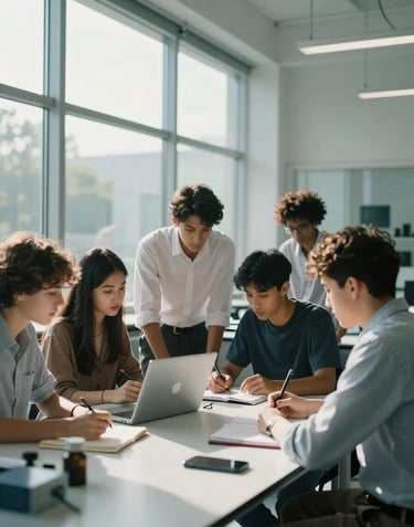 A diverse group of global students collaborating in a high-tech, glass-walled innovation lab. Sunlight streams in, creating a cloud white and soft muted cyan atmosphere.