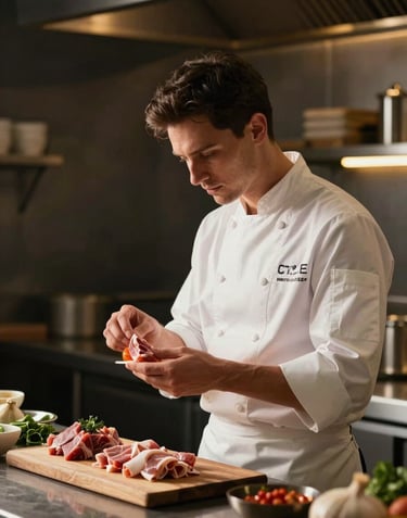 A professional chef in a high-end restaurant kitchen inspecting fresh, premium ingredients provided by the company. High contrast, warm golden lighting accents against dark backgrounds.