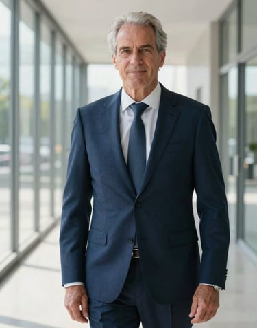 A professional portrait of a senior investment advisor in a tailored navy blue suit, standing in a bright, modern glass-walled corridor. European setting, confident and reliable atmosphere, soft morning light.
